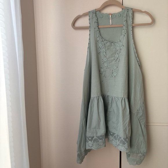 Free People Mint Green Embroidered Lace Tunic Top Size S Boho 100 Cotton - Picture 4 of 4